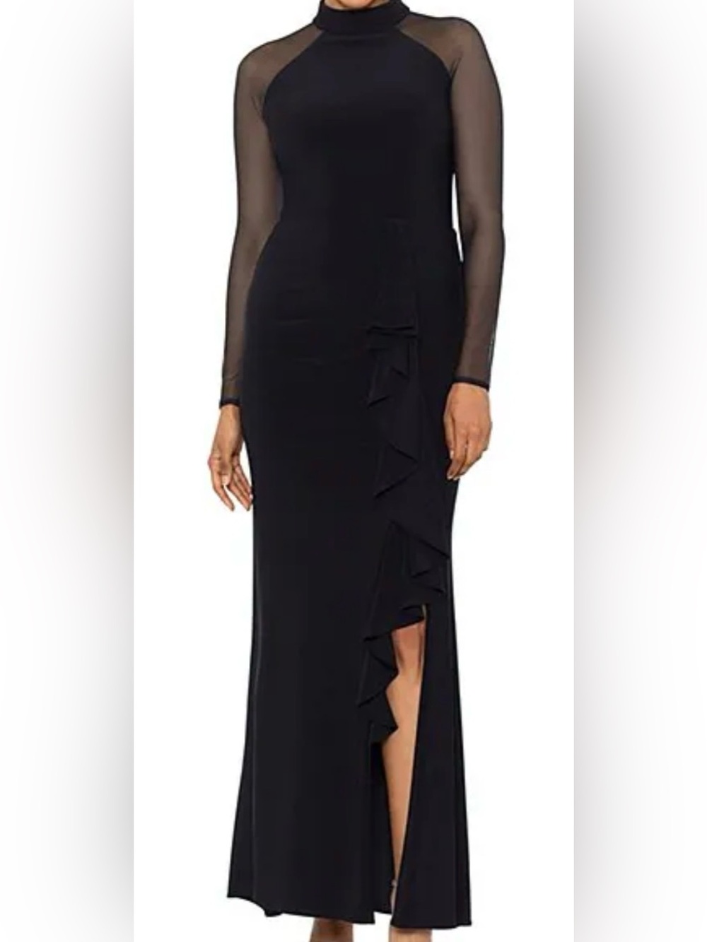 Betsy & Adam Mock Neck Illusion Long Sleeve Ruffled Scuba Crepe Mesh Gown Black